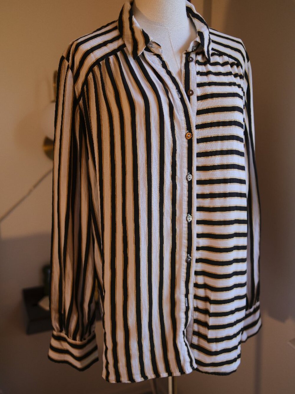 Maeve Anthropologie Striped Button Down Blouse Black White Long Sleeve XL
